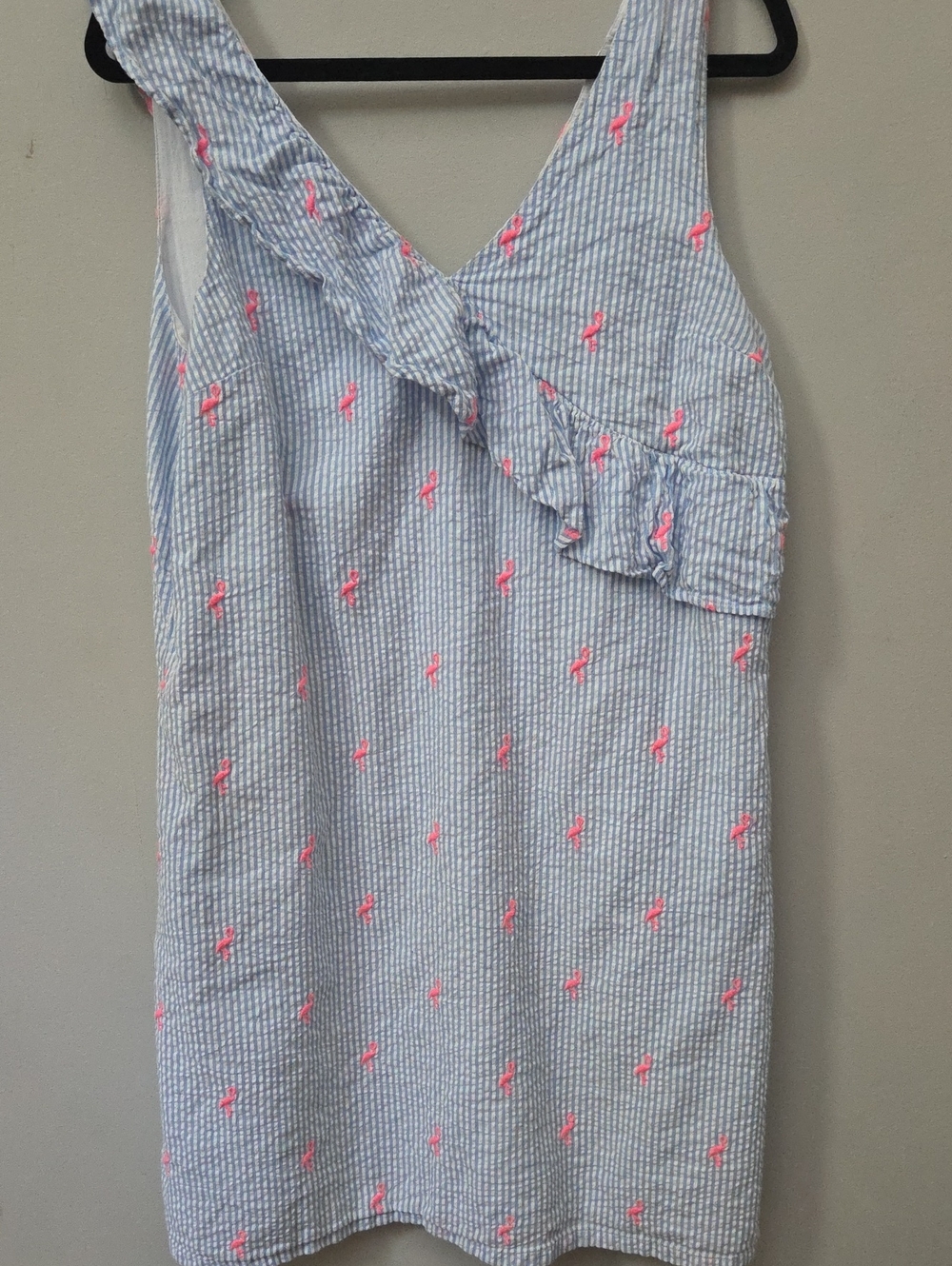 crown & ivy Blue Seersucker Dress with Pink Embroidery Ruffle